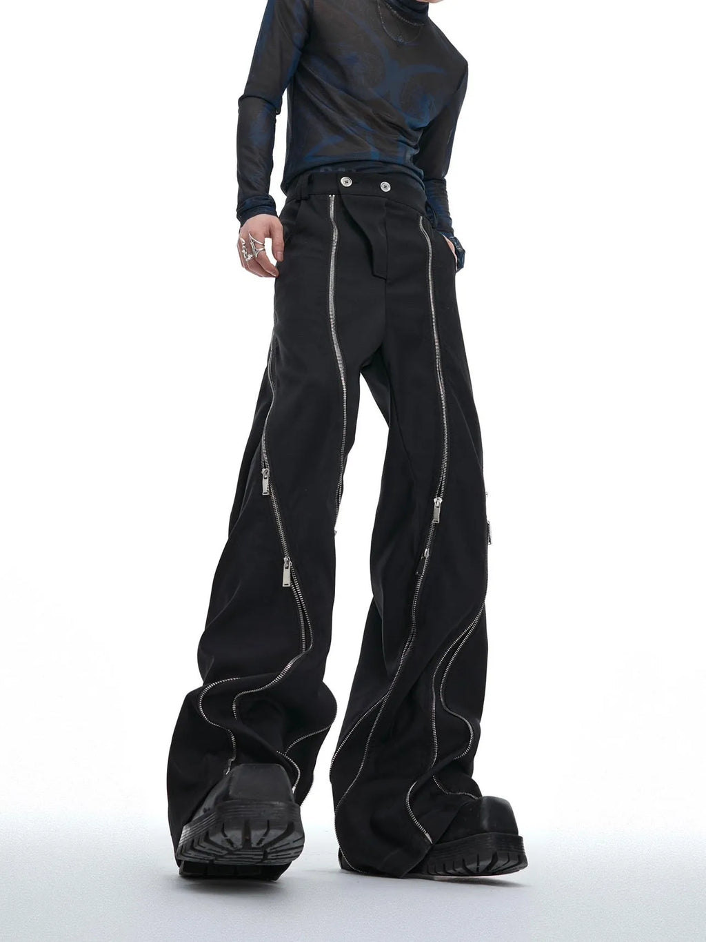Men's polyester cotton straight leg casual trousers in black and white