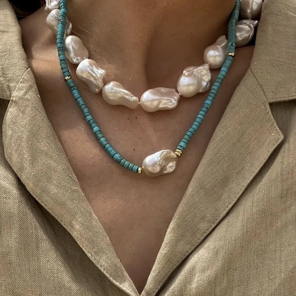Natural baroque pearl and turquoise necklace with handmade finish