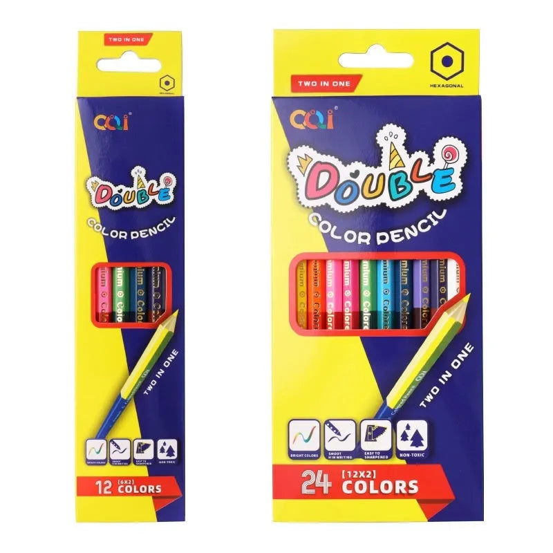 Set of wooden double-tipped colour pencils showing both the coloured lead end and the brush tip end.