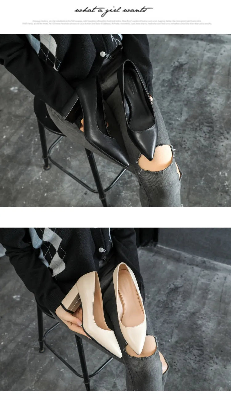 Women's suede pointed toe shallow-mouth shoes with 7 cm chunky heel in black