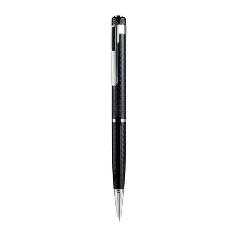 Black pen-shaped zinc alloy voice recorder shown with headset and data cable.