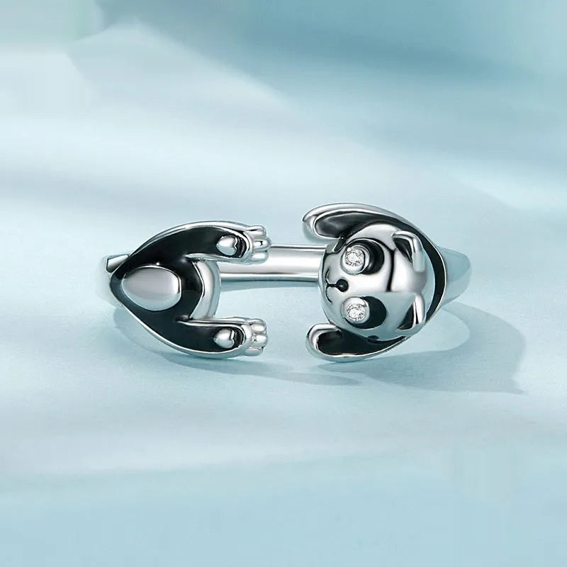 Sterling silver adjustable open ring with white gold plating and cute panda design