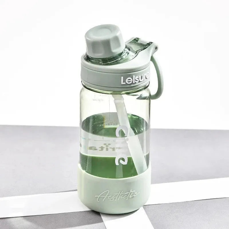 Heat-resistant plastic drinking cup with cartoon pattern in grey, green, or pink colours