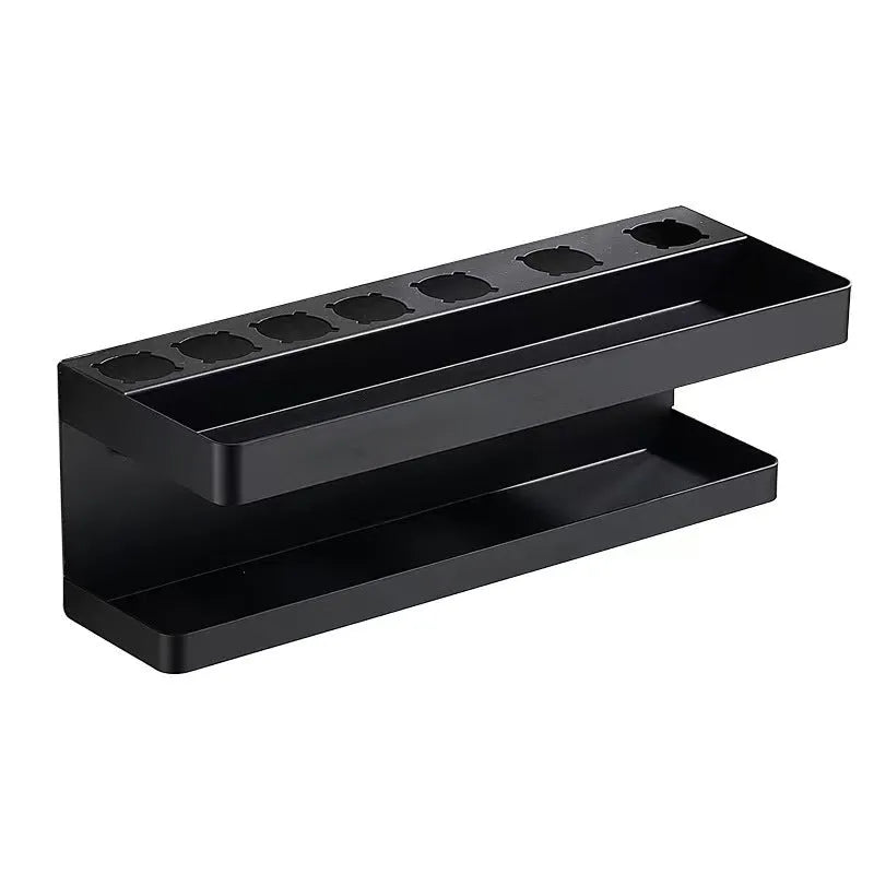 White double-layer aluminium bathroom storage rack holding hair curlers with punch-free mounting