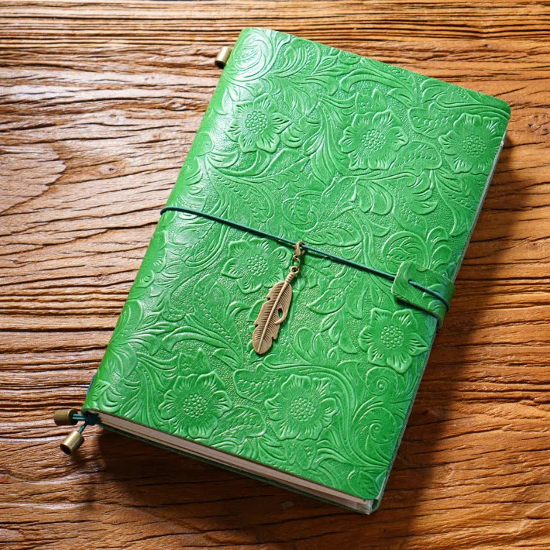 Creative vintage engraving cowhide travel notepad in black A5 size with genuine leather cover