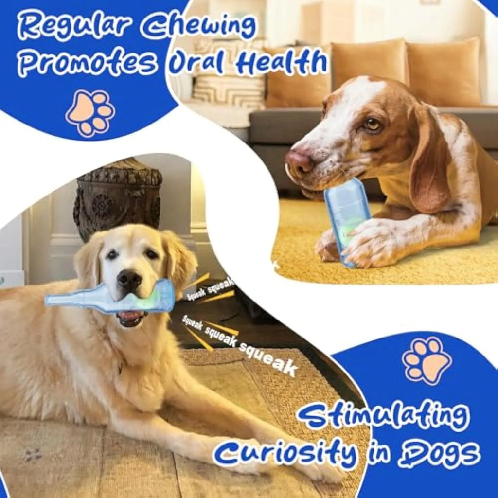 Blue natural rubber water bottle dog chew toy with squeaker at the tail on a white background