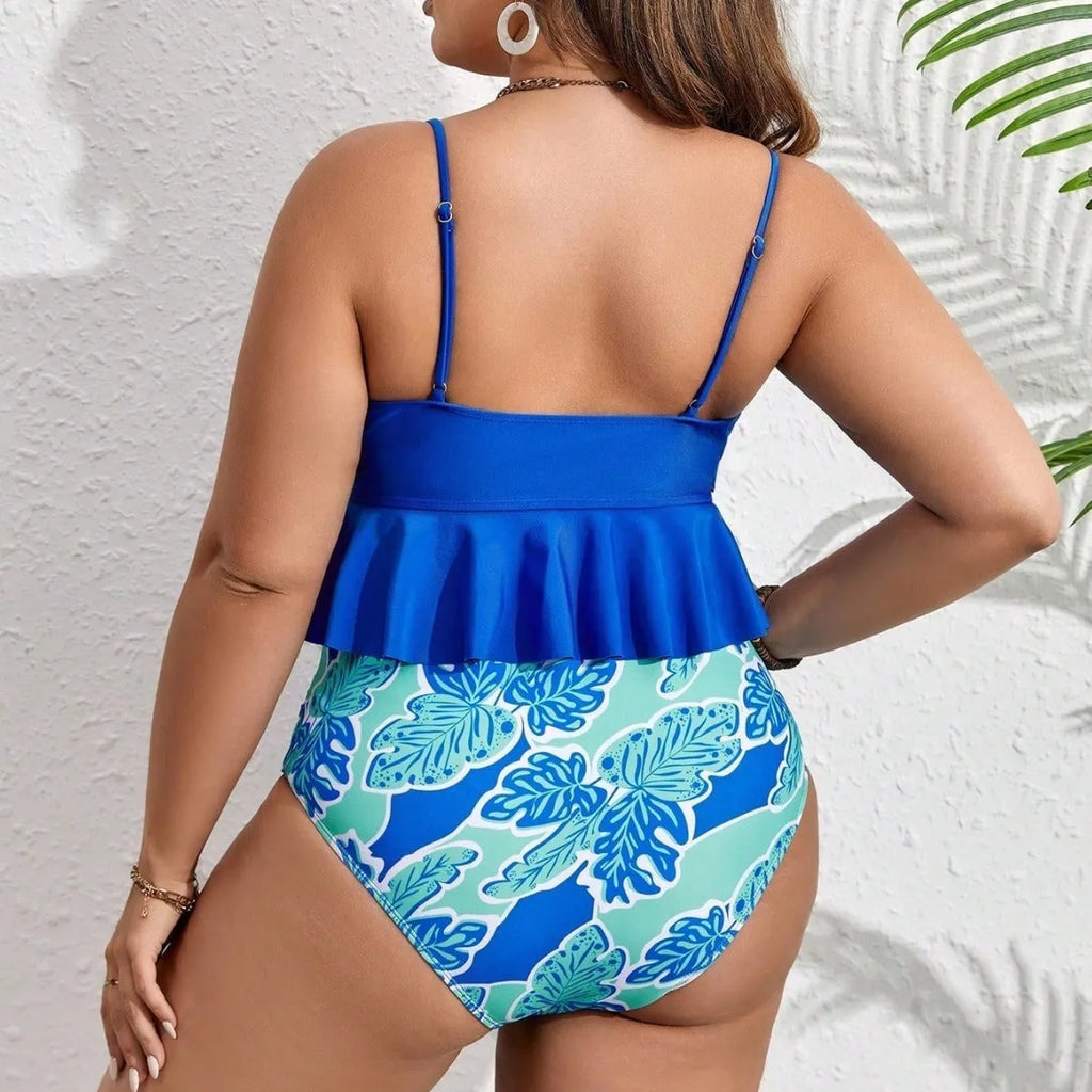 Blue polyester plus-size bikini swimsuit set with matching top and briefs in European American sizing