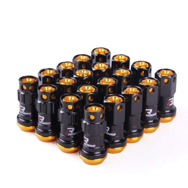 Set of flat head aluminium alloy wheel nuts in red, gold, blue, purple, and black colour variants.