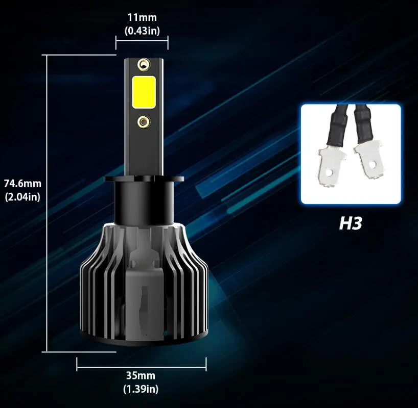 6000K white LED car headlight bulb kit showing compact size and connector for H7 H11 9005 fitments