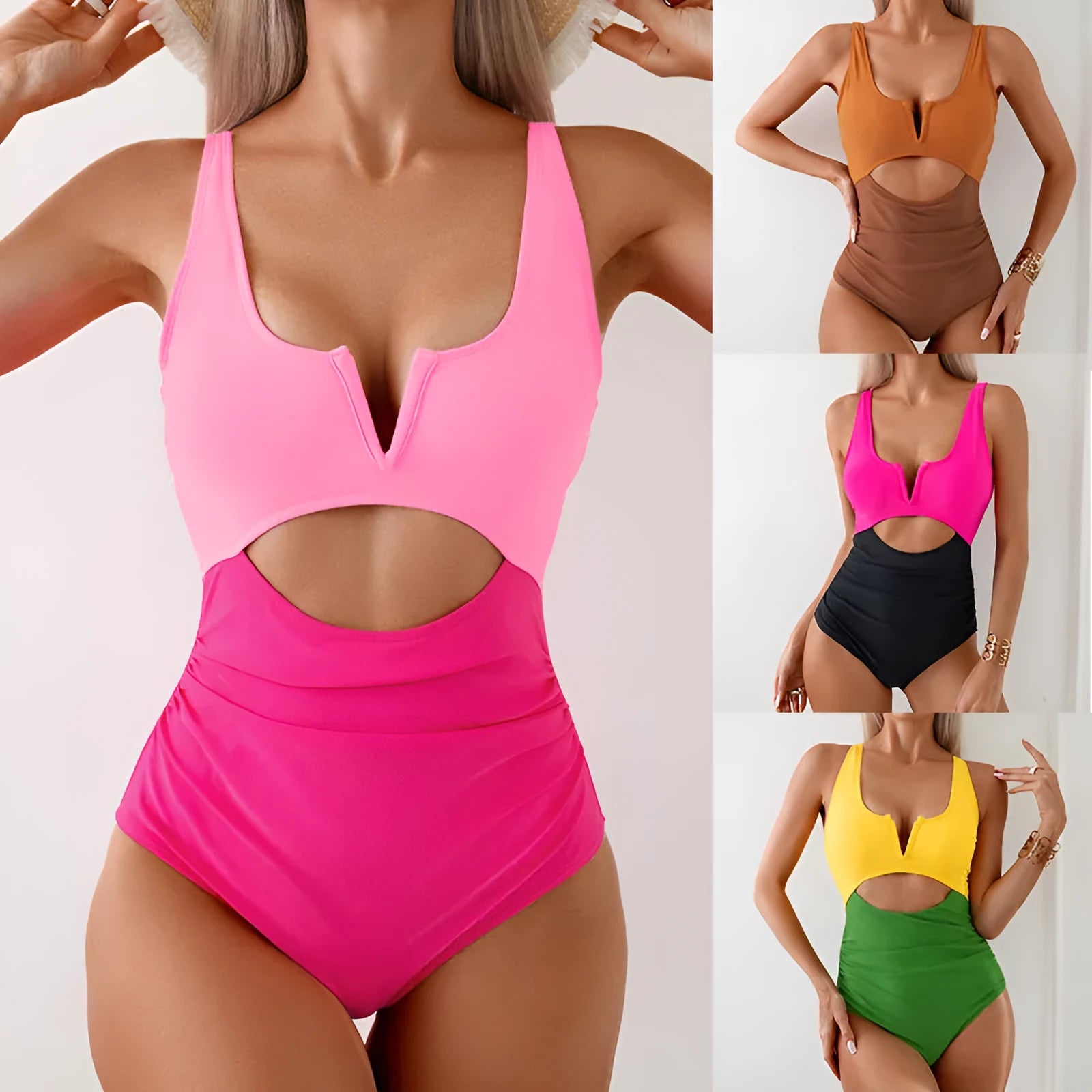 Women's one-piece nylon swimsuit in contrasting colours showing front design