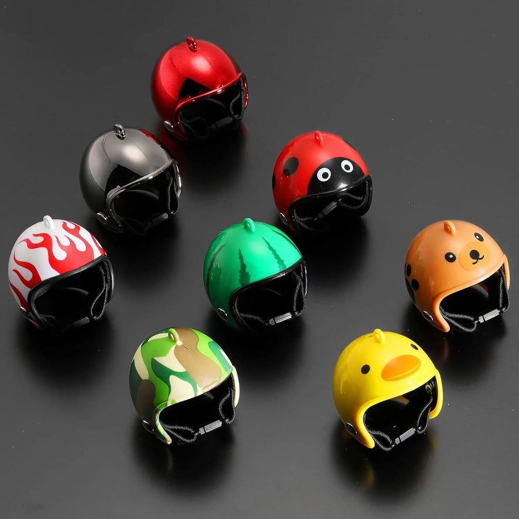 Small plastic pet helmet with elastic straps for chickens and birds.