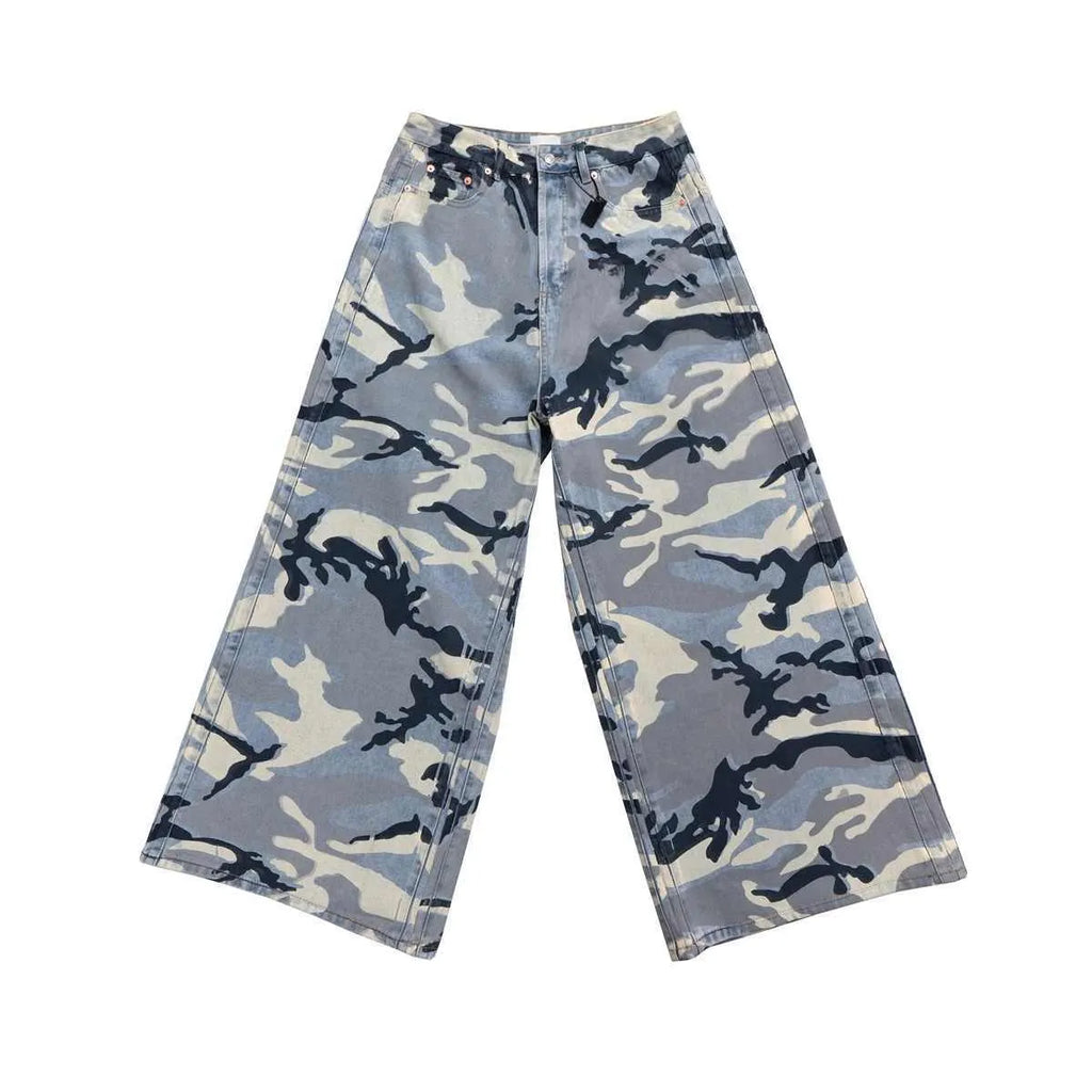 Snow camouflage blue jeans with loose fit and micro-elastic stretch fabric