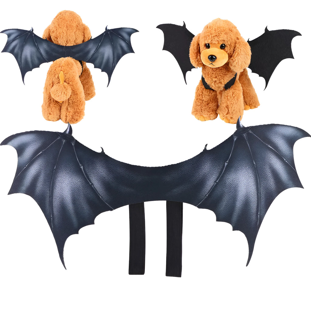 Black bat wing Halloween costume for pets showing three size options for cats and dogs