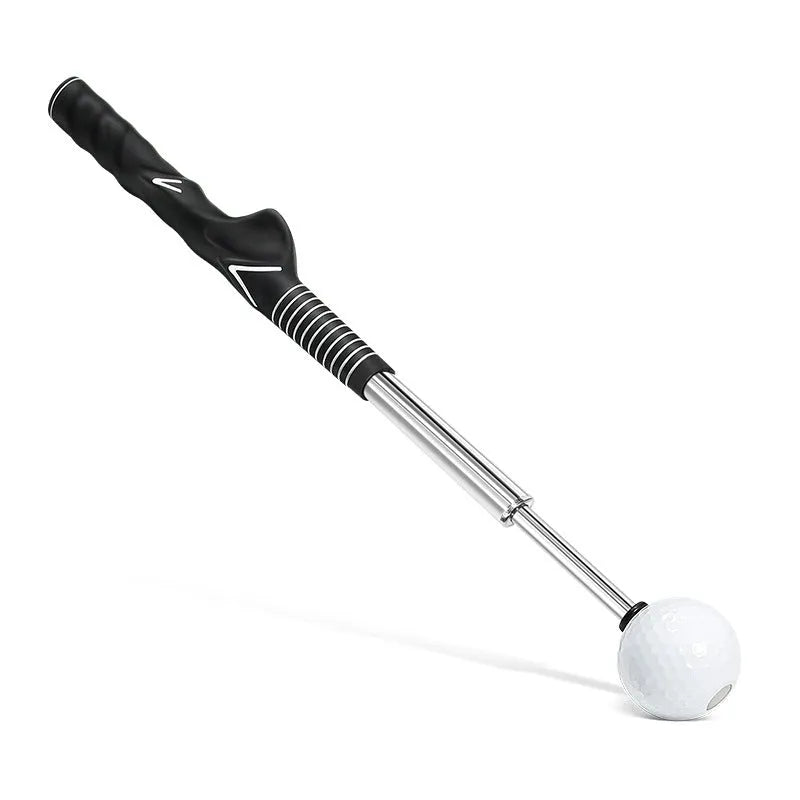 Telescopic stainless steel golf swing trainer in black colour with adjustable positions for practice