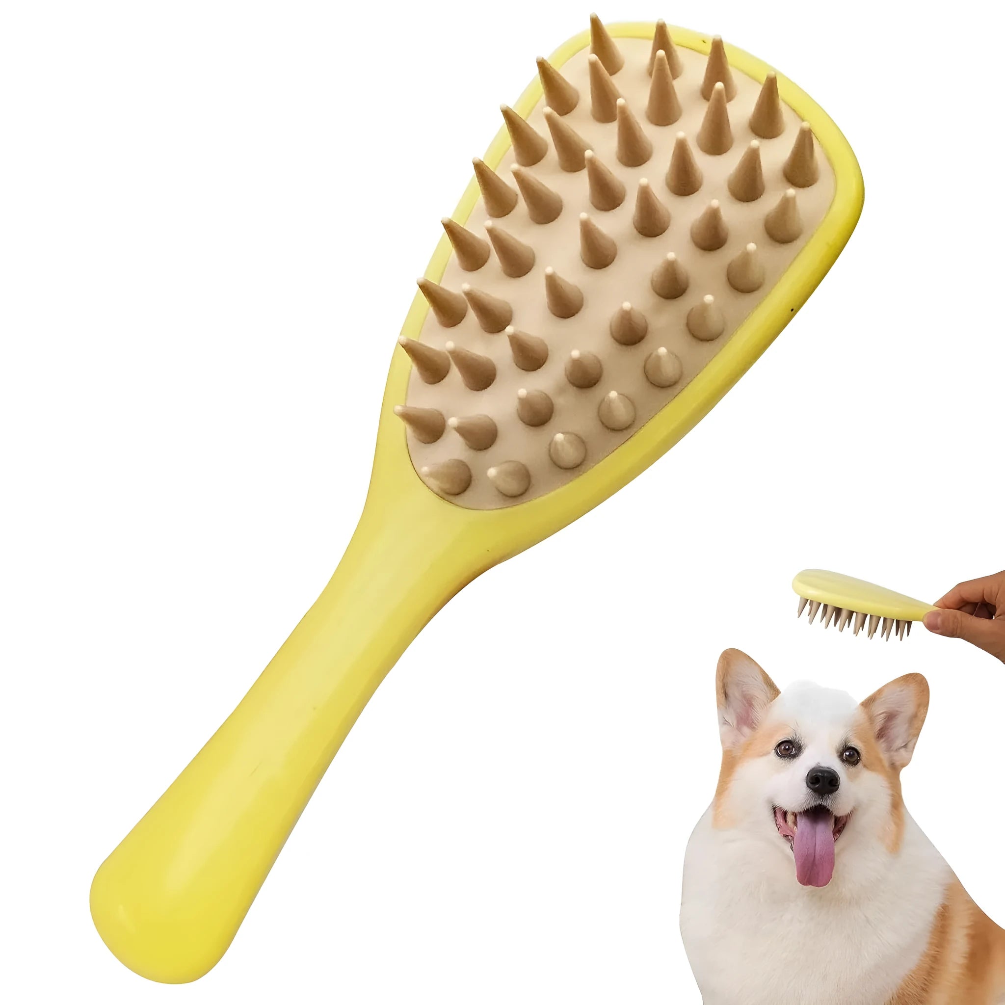 Purple pet silicone shampoo brush with handle on a wet dog coat, designed for gentle bathing and hair removal