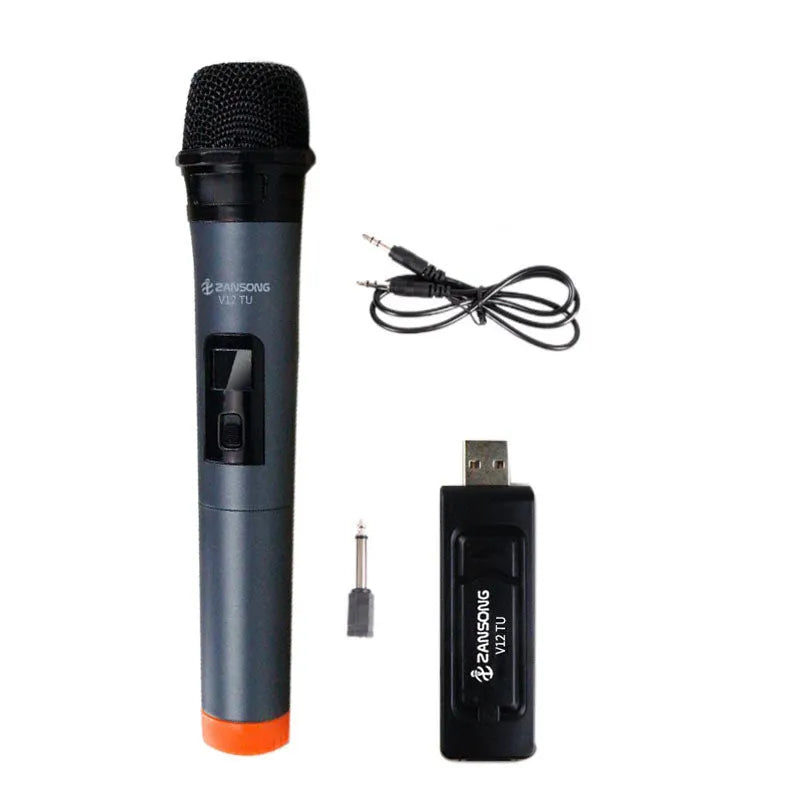 Black dynamic wireless handheld V12 microphone with USB receiver and adapter