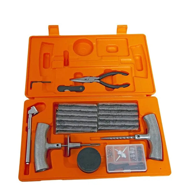 Emergency rubber strip tyre repair tool set in high-visibility case with tyre pressure gauge and repair tools