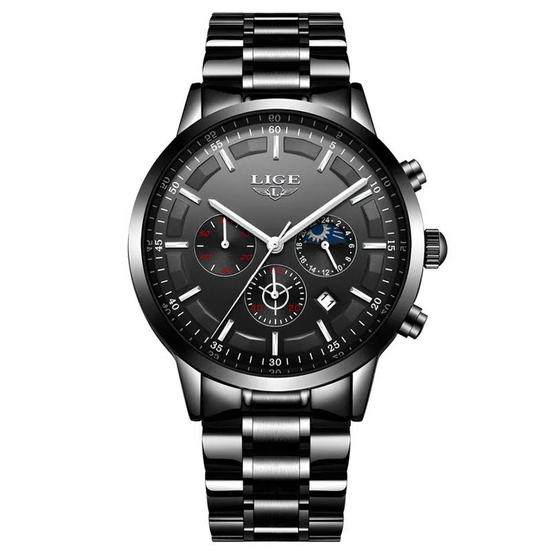 Men's waterproof quartz sports watch showing 12mm thick case in black with rose gold colour combination