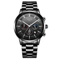 Men's waterproof quartz sports watch showing 12mm thick case in black with rose gold colour combination