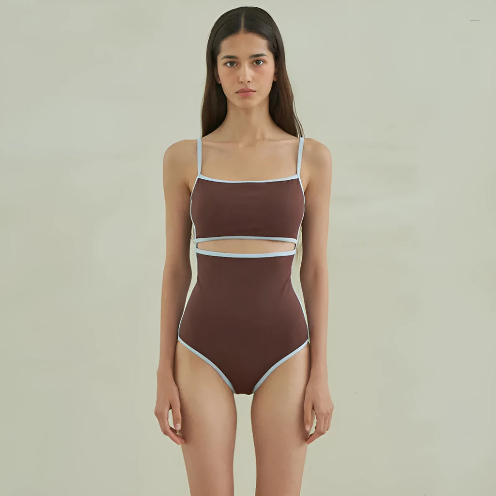 Brown triangle-style one-piece swimsuit for women on a mannequin.