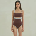 Brown triangle-style one-piece swimsuit for women on a mannequin.