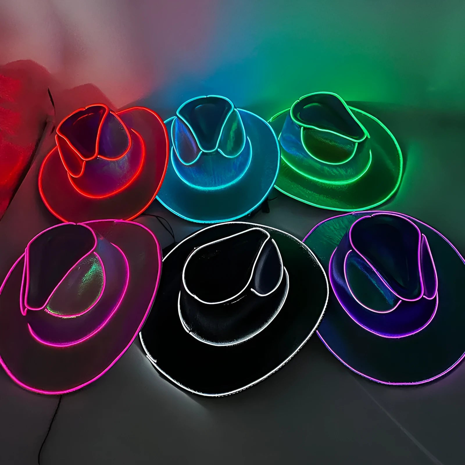 LED wireless fluorescent cowboy flashing hat in green, front view, EVA and EL wire construction, average size