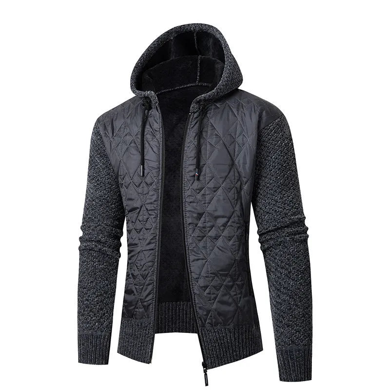 Men's grey hooded sweater coat in wool corduroy with cinched cardigan design for winter wear