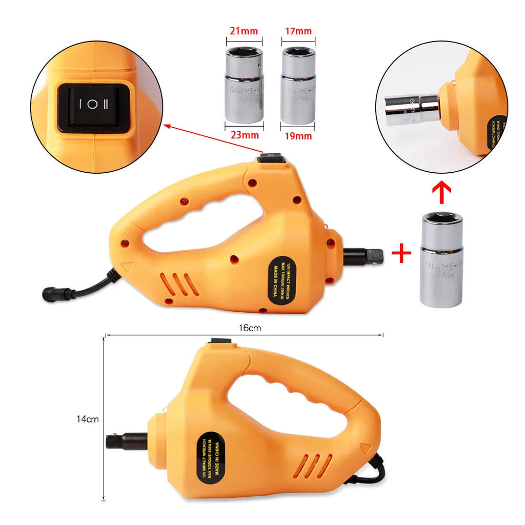 Yellow car electric jack set with hydraulic lift and electric wrench for vehicle tyre changes