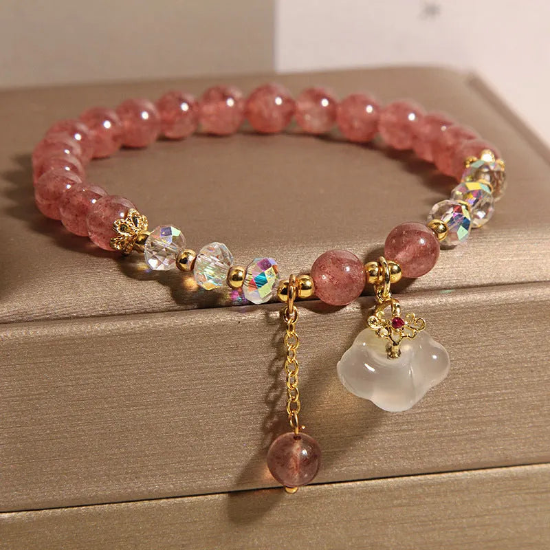 Women's adjustable strawberry quartz and white agate crystal bracelet with auspicious cloud beads