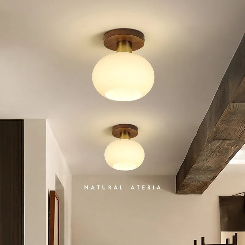 Chinese style simple light luxury walnut and brass ceiling lamp for corridor or balcony with three light colours