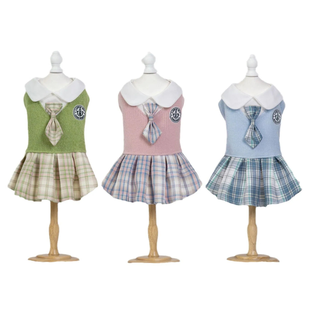Tartan polyester skirt for pets on a mannequin showing elastic waistband and princess silhouette
