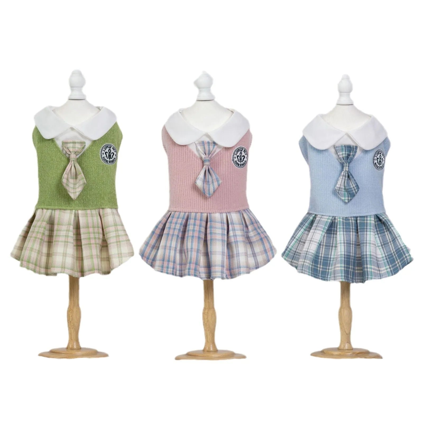 Tartan polyester skirt for pets on a mannequin showing elastic waistband and princess silhouette