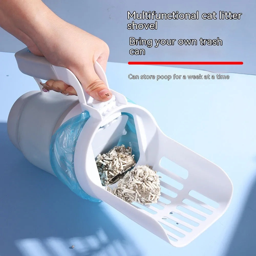 Grey cat litter scoop system with integrated waste bin and foldable base, shown beside a litter tray.