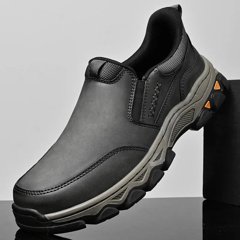 Men's casual flat heel shoes with round toe and rubber sole in black, brown, or grey