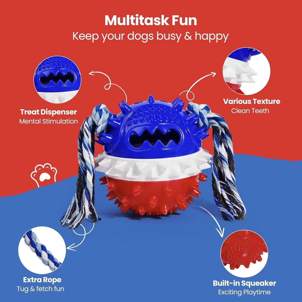 Blue and red TPR rubber dog ball chew toy with rope attachment and treat dispenser hole.