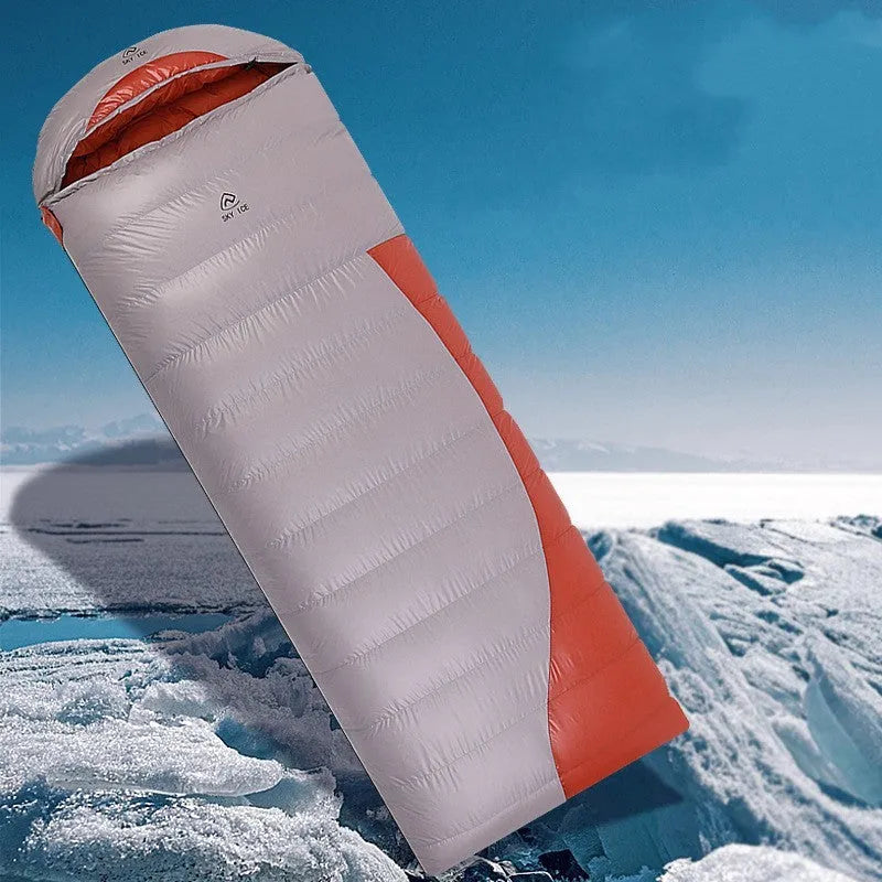 Outdoor camping envelope down sleeping bag in khaki grey with windproof nylon fabric and anti-slip zipper