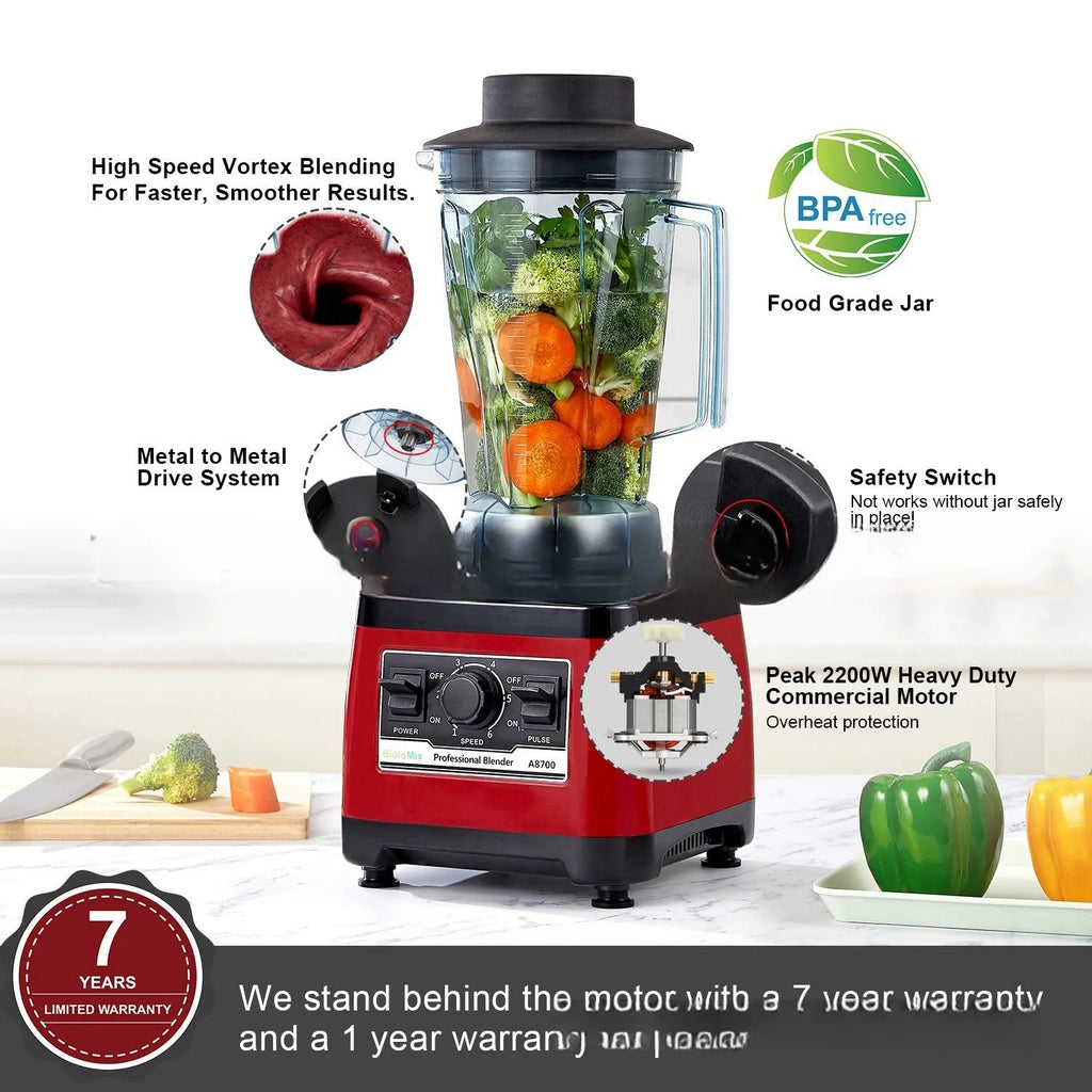 Red industrial commercial blender with stainless steel jug, model A8700, 2200W motor