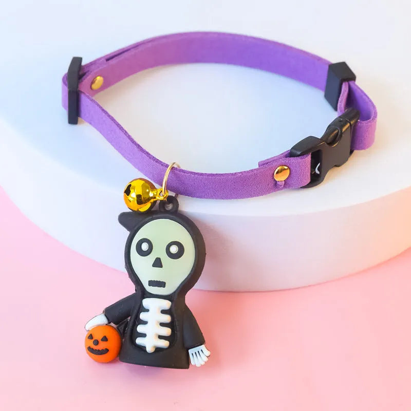 Halloween dog collar with pumpkin man and glow skull patterns in adjustable sizes