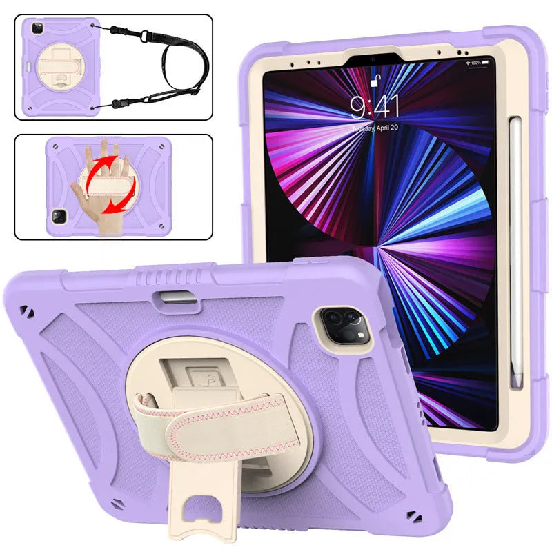 iPad silicone protective case with a rotating bracket strap in rose gold colour