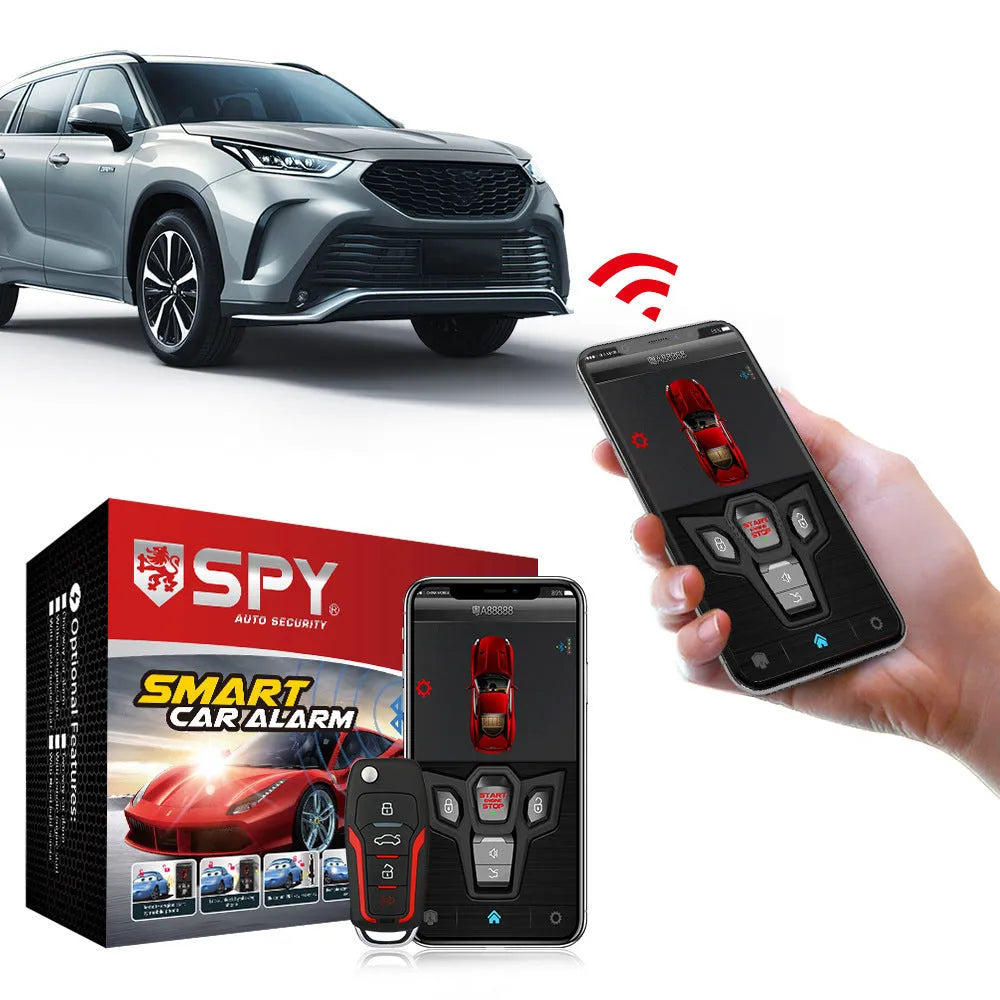 One-way car alarm system with remote controls showing red and frosted black colour scheme