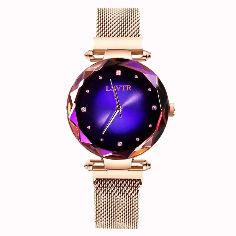 Women's Starry quartz watch with magnetic strap in rose gold colour, 8mm thickness, on transparent belt