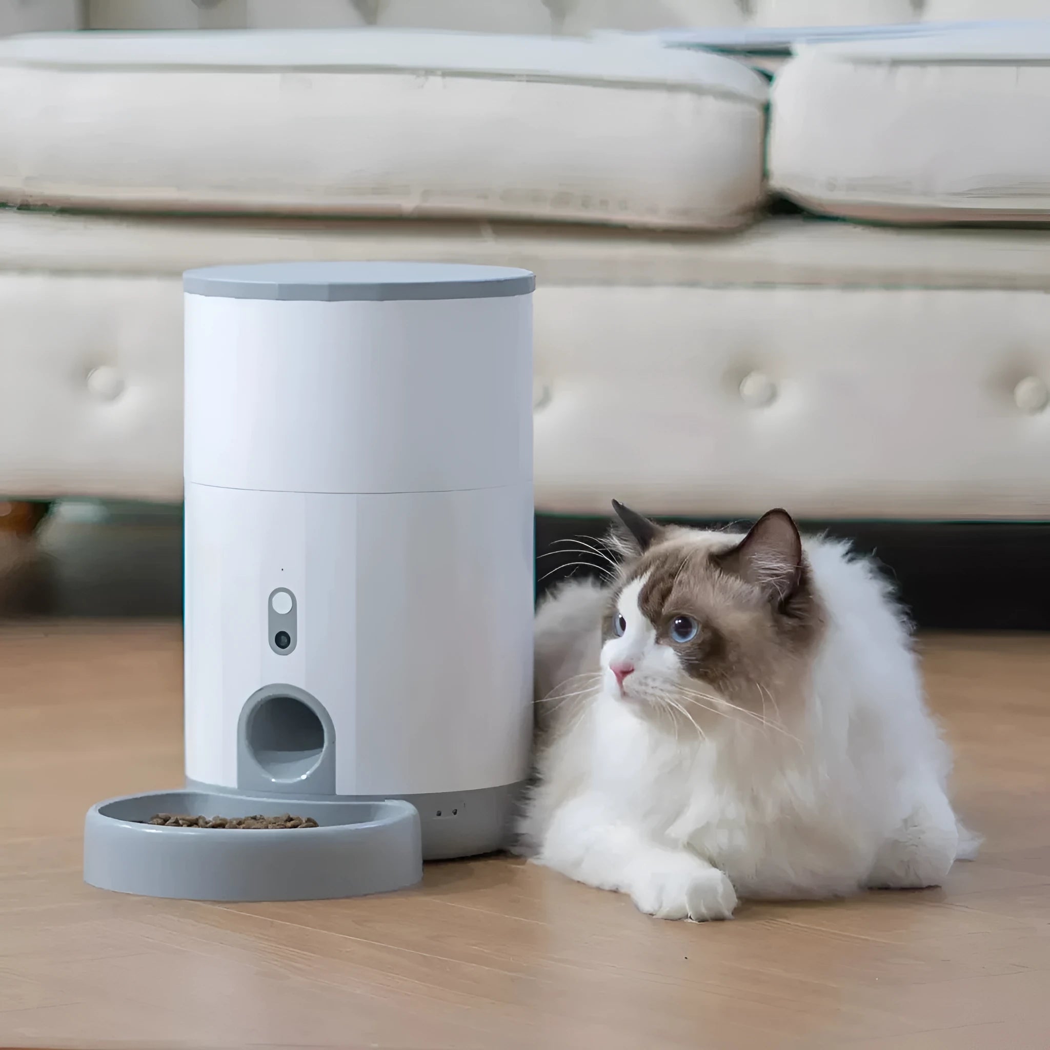 White mini automatic pet feeder with stainless steel basin for cats and dogs timing control