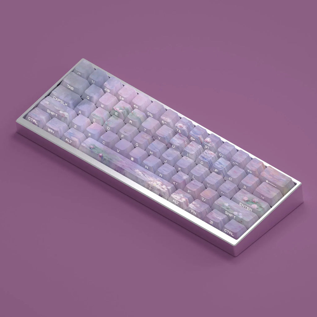 Wenshao Sleeping Lotus PBT key cap set showing side-carved light-transmission characters and five-sided sublimation artwork