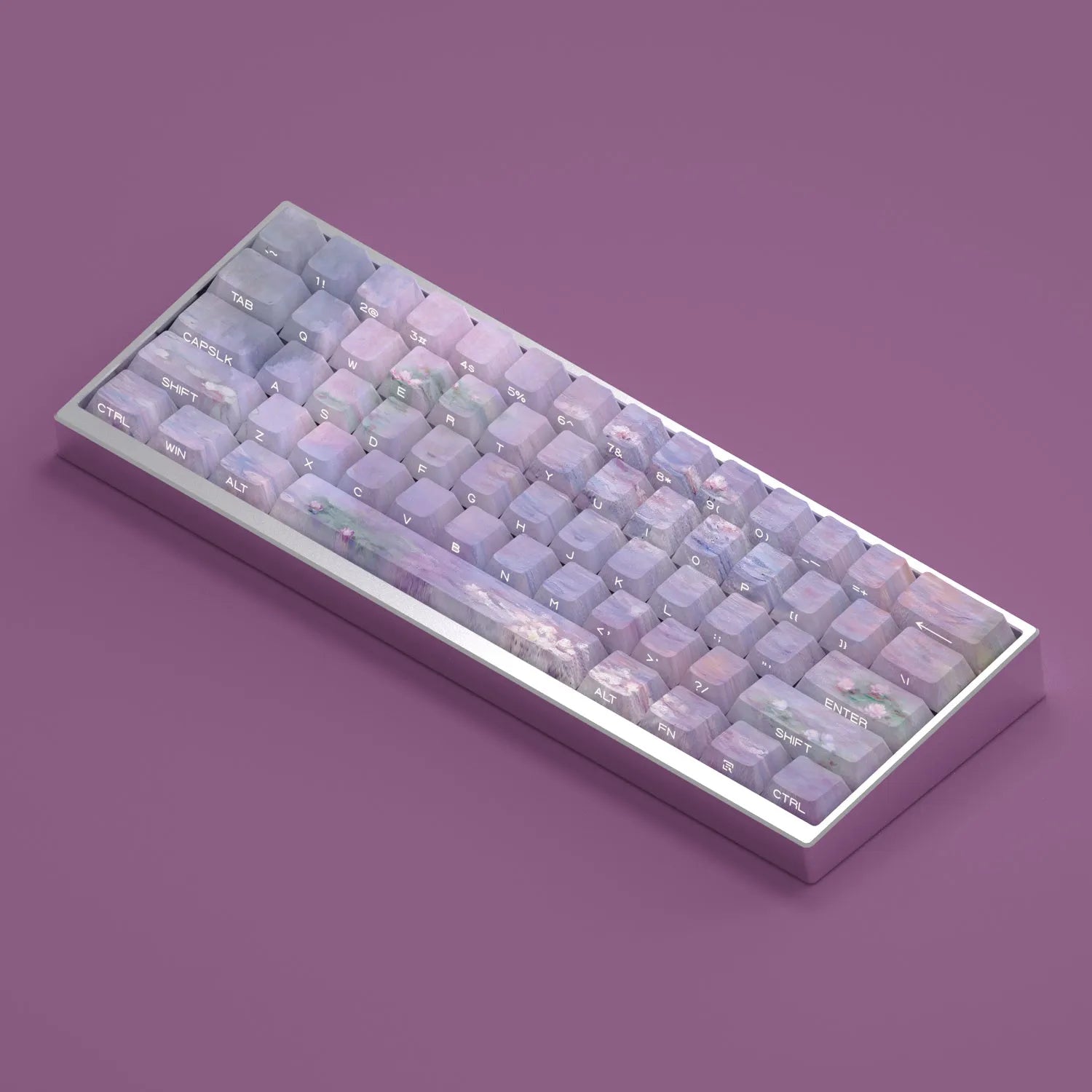 Wenshao Sleeping Lotus PBT key cap set showing side-carved light-transmission characters and five-sided sublimation artwork