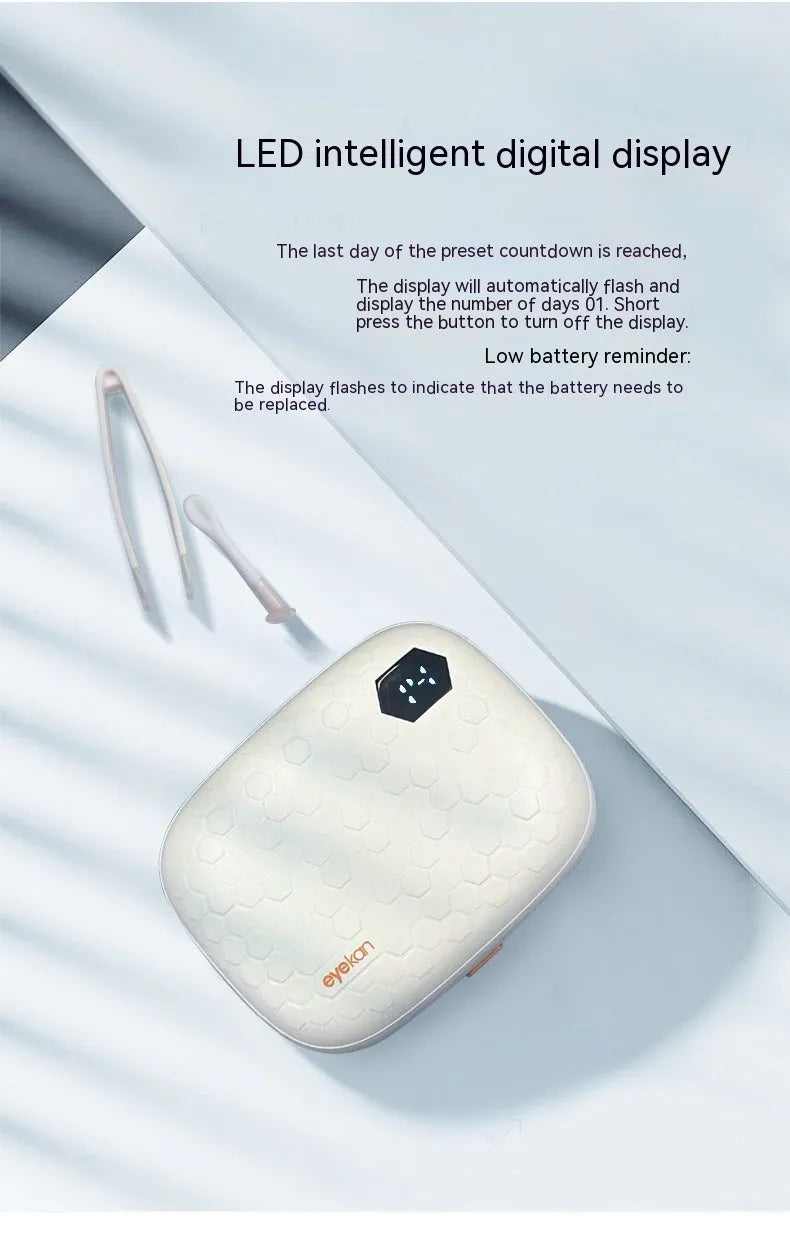 Automatic ultrasonic glasses cleaning machine in blue, a handheld plastic device for contact lenses.