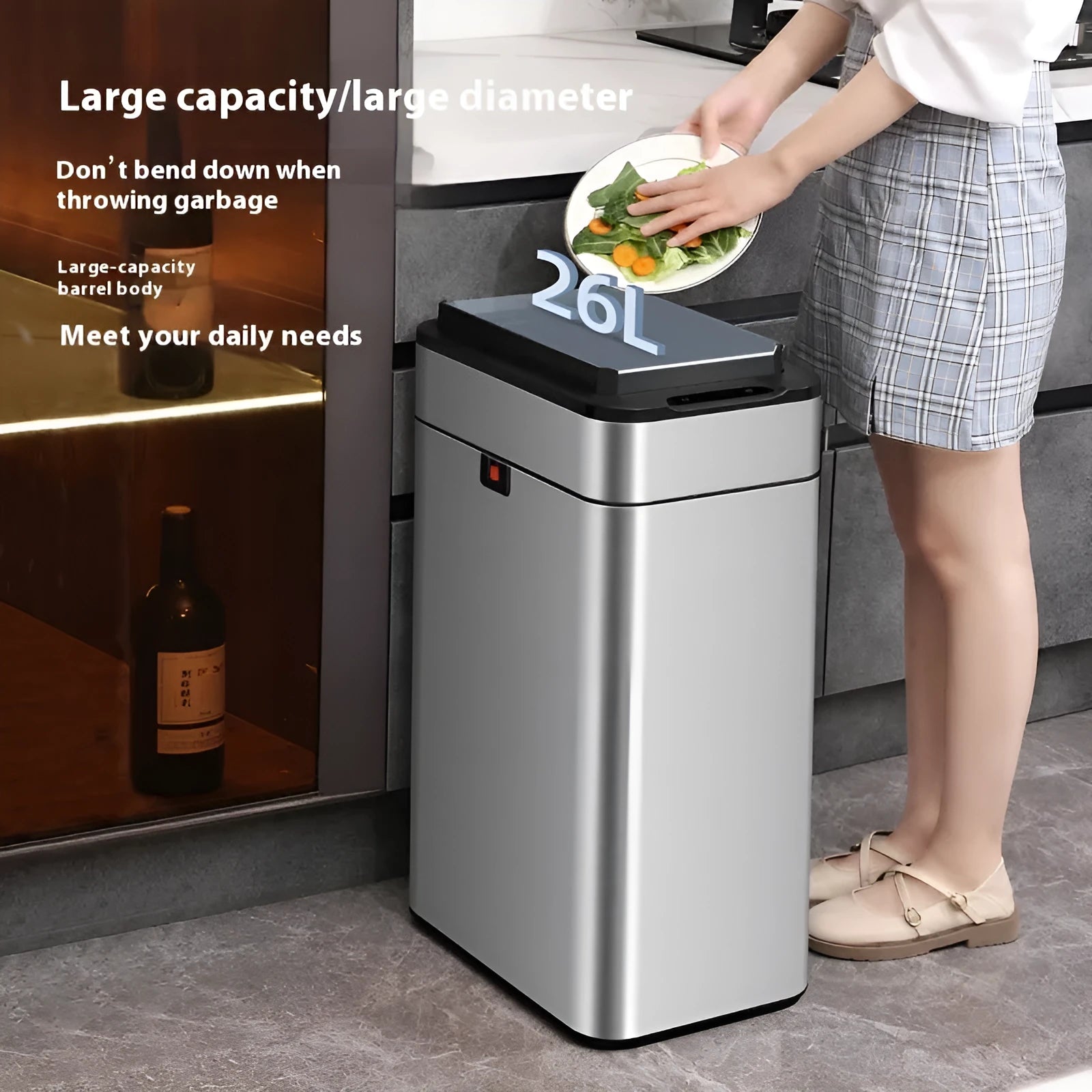 Stainless steel inductive smart ashbin with square shape and touch-free lid.