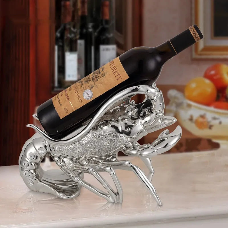 Lobster-shaped wine rack ornament in rose gold or elegant silver metallic finish