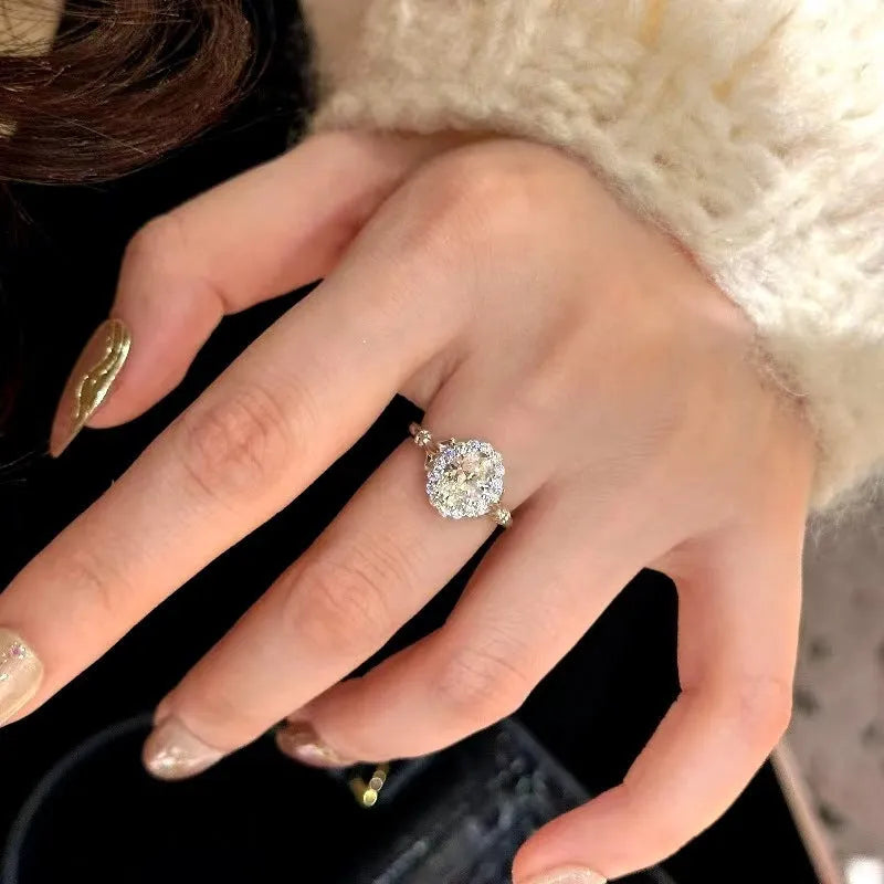 Silver geometric ellipse bridal bouquet diamond ring with adjustable opening