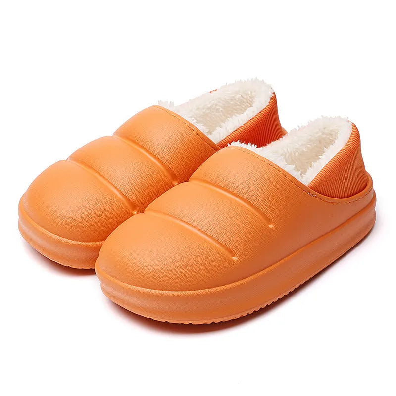 Waterproof EVA couple slippers in multiple colours with a non-slip sole and plush lining for winter.
