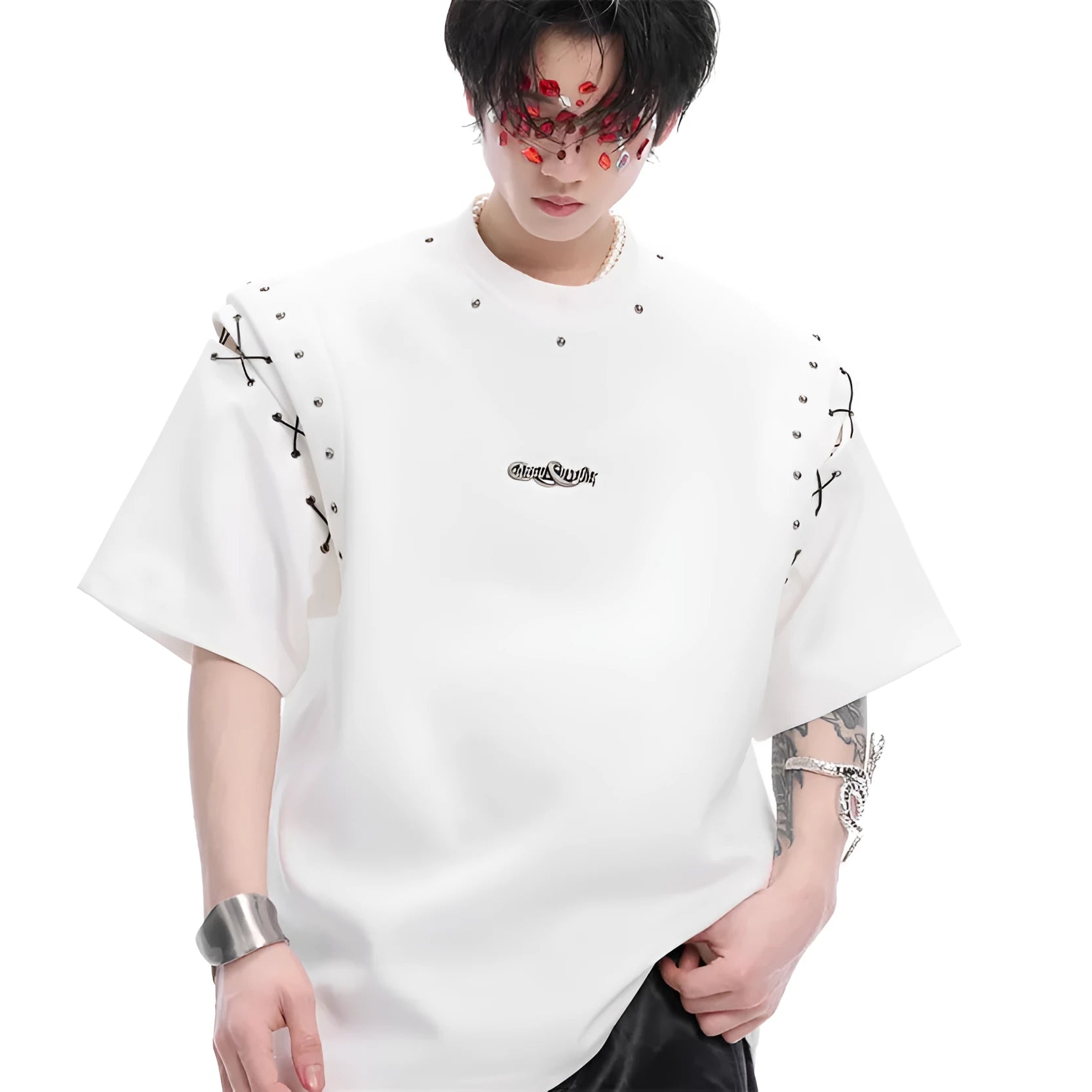 Black short sleeve T-shirt with lace-up cutout detail on mannequin